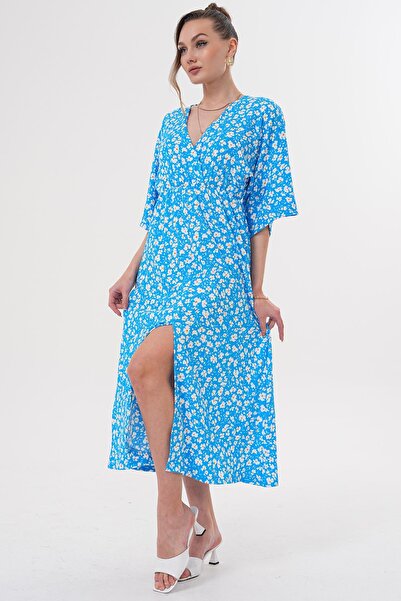 Siyezen Double Breasted Collar Elastic Waist Daisy Pattern Dress