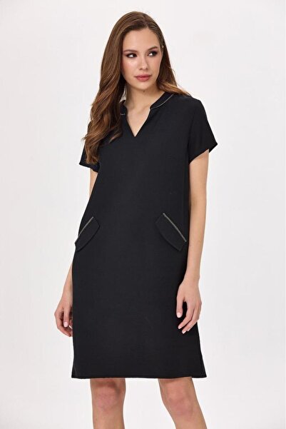 İKİLER Hakim Yaka Zincir Şerit Detaylı Elbise 025-4019