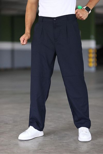 Mamlay Men's Baggy Double Pleated Dark Blue Color Elastic Waist Classic Loose Wide Leg Baggy Trousers
