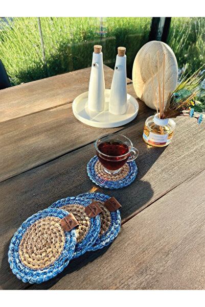 home inn 4 Round Coasters - Stain Resistant - Natural - Blue 13X13 cm