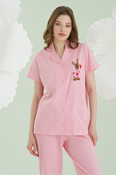 NBB Cotton, Front Button, Short Sleeve, Pajama Set Pink, Rabbit Printed