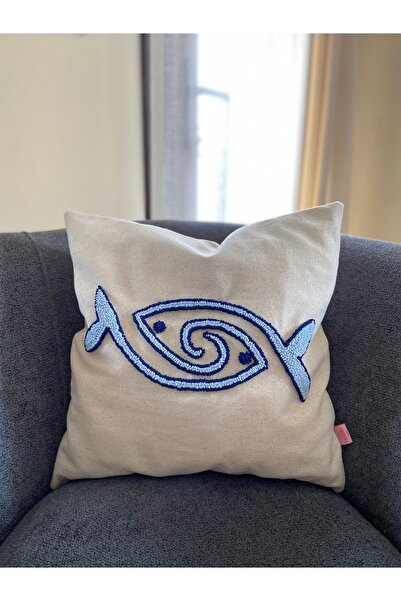 Les Passent Изпрана ленена калъфка за възглавница от серията Marin с мотив риба