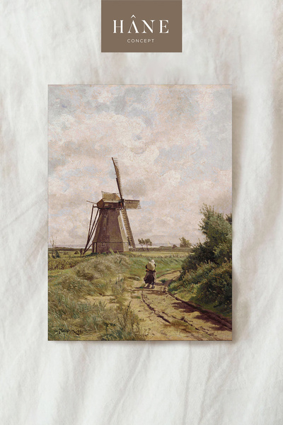 Hane Concept Vintage Değirmen Manzarası Posteri, Sanatsal Baskı, Galeri Duvarı, Çiftlik Evi Tarzı Baskı
