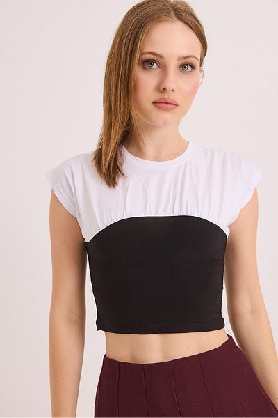 Raneel Kazançlı Alışveriş Black and White Color Block Knitted Blouse