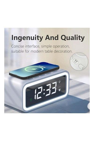 dehkah Digital Multifunction Alarm Clock with Wireless Charger, LED Light, and Bluetooth Speaker
