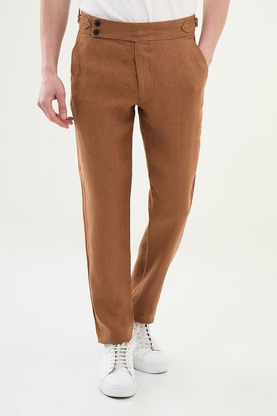 Mcr Straight Slim Fit 100% Linen Men's Trousers Camel - 38299.25Y