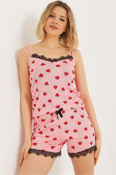 Raneel Kazançlı Alışveriş Set pijama cu dantelă și pantaloni scurți roz