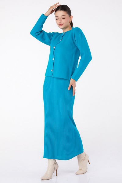 TOFİSA Knitwear Crop Dress Double Set Turquoise - 26425