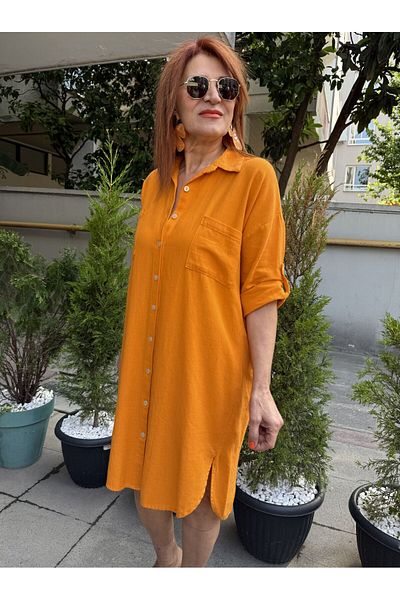 DenizEge Cotton Shirt Dress Orange