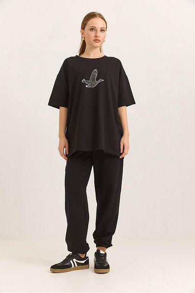 Raneel Kazançlı Alışveriş Print Detailed Short Sleeve Tracksuit Suit Black