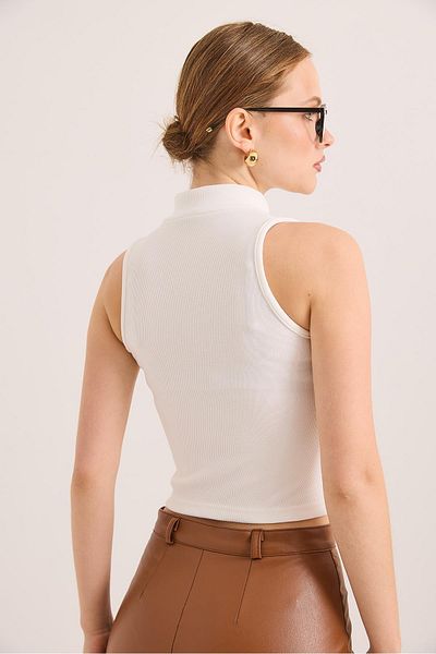 Raneel Kazançlı Alışveriş Zipper Detailed Ribbed Stylish Knitted Blouse White