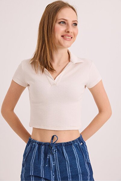 Raneel Kazançlı Alışveriş Polo Neck Basic Short Sleeve Knitted Camisole Crop ...