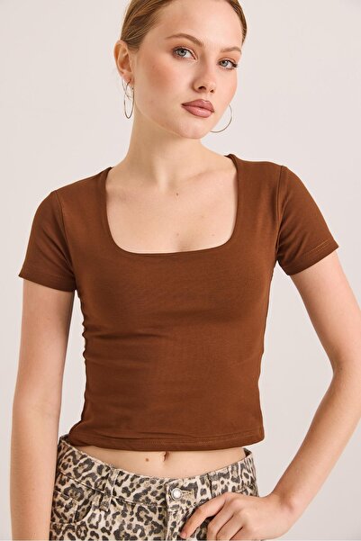 Raneel Kazançlı Alışveriş Square Neck Stretchy Cotton Knitted Blouse Brown