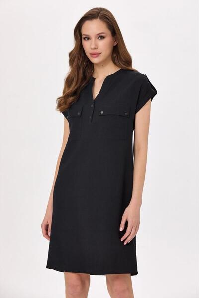 İKİLER Hakim Yaka Düşük Kol Cep Detaylı Elbise 025-4022