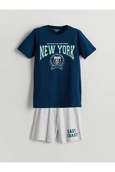 LC Waikiki Lcw kids navy bicycle collar new york Printed boy's pajama set with shorts