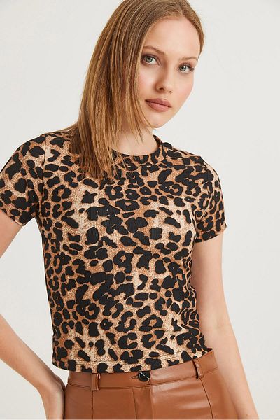 Raneel Kazançlı Alışveriş Crew Neck Stretchy Crop Blouse Leopard