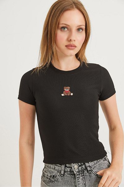 Raneel Kazançlı Alışveriş Teddy Bear Embroidered Stretchy Crop Blouse Black
