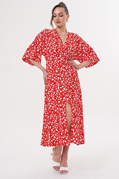 Siyezen Double Breasted Collar Elastic Waist Daisy Pattern Dress