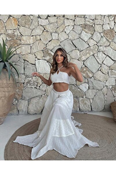 Holly Beez Embroidered Ruffled Lined Summer Seersucker Skirt