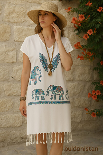 buldanistan Kadın Plaj Peştamal Beyaz Etnik Fil Desenli Viskon Elbise Tekstil