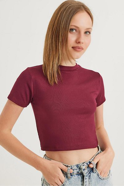 Raneel Kazançlı Alışveriş Crew Neck Stretchy Crop Blouse Burgundy