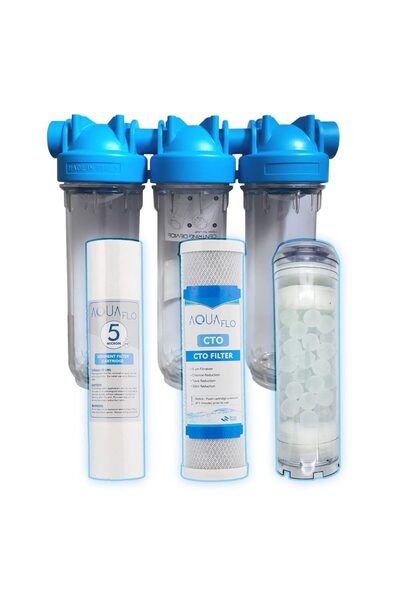 AQUAFLO 10" 3'lü Daire Bina Girişi Su Arıtma Sistemi - (Silifoz, CTO ve Sediment filtre dahil) (3/4" Giriş)