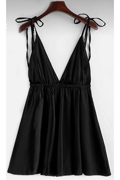 lenastella Siyah Saten Bağlamalı Gecelik