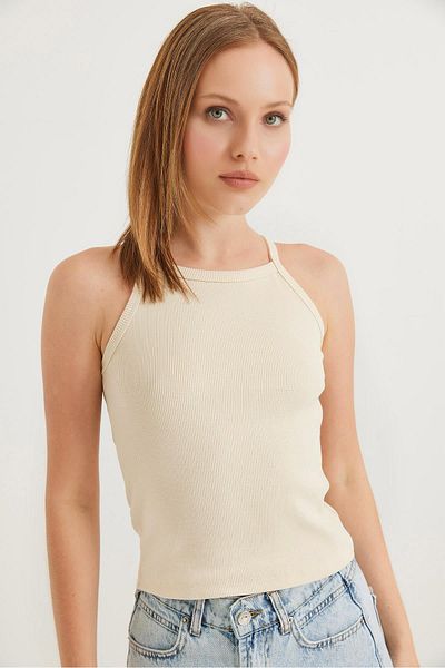 Raneel Kazançlı Alışveriş Ribbed Knit blouse with strap beige