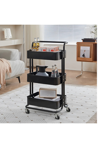 Herum Raft metalic cu 3 compartimente, mâner, roți, organizator, negru, 42 x 37 x 85 cm