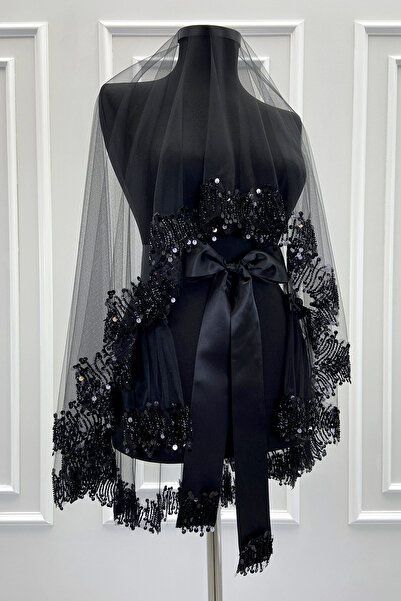 ZEYMERADE Siyah Gelin Duvak Seti, Işıl Işıl Kristal Cam Boncuk Ve Pul İşlemel...