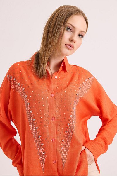 Raneel Kazançlı Alışveriş Stone Embroidered Comfortable Fit Linen Shirt Orange