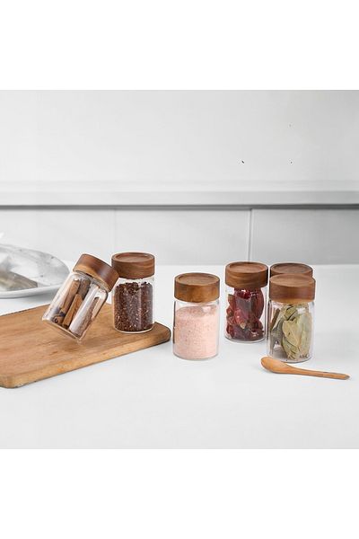 ELZEY HOME Set of 6 Akaysa 300 ml Glass Spice Shakers with Lids (16 Pcs Label)