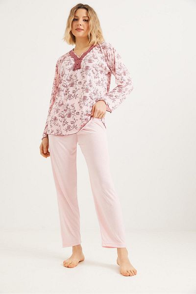 Raneel Kazançlı Alışveriş Set pijama cu mâneci lungi cu guler din dantela roz