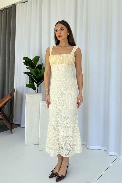 Mine Tan Butik Γυναικείο φόρεμα με δαντέλα με λεπτομέρεια κεντημένο σε σχήμα ψαριού - μπεζ