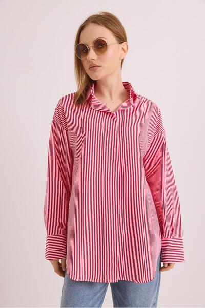 Raneel Kazançlı Alışveriş Striped Oversize Basic Shirt Red