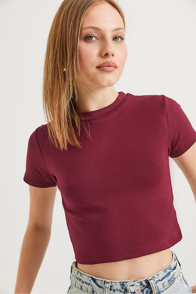 Raneel Kazançlı Alışveriş Crew Neck Stretchy Crop Blouse Burgundy