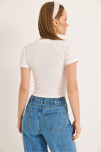 Raneel Kazançlı Alışveriş Regular Stone Detailed Ottoman Crop Blouse White