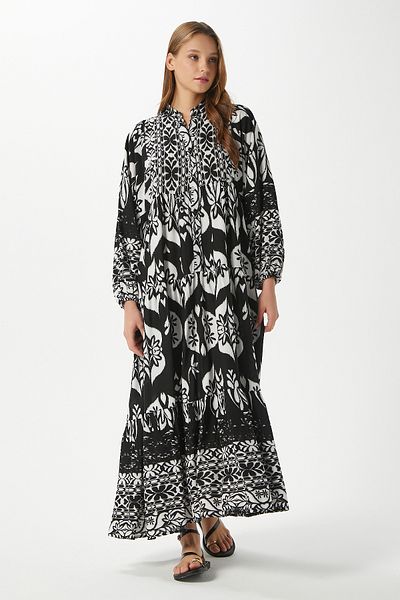 Ritnice Modest Kelly Black Women's 100% Viscose Maxi Length Tiered Balloon Sleeve Long Summer Dress