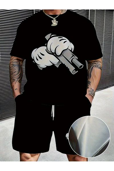 ACTIVE MODA - Men's Double Hand Toy Printed Short Sleeve Tshirt-Shorts 2-Piece Set Large Size Cotton