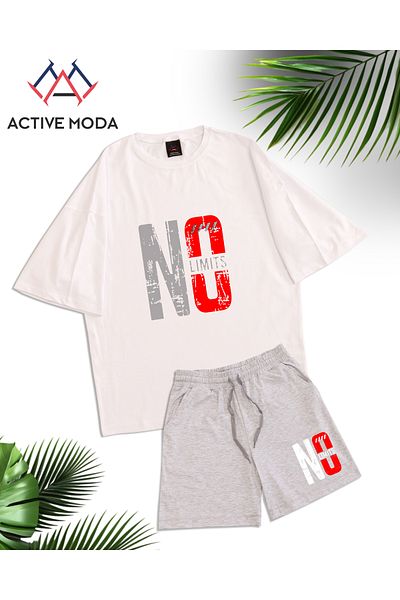 ACTIVE MODA -Men's Short Sleeve No Printed Tshirt-Shorts 2Pcs Set Large Size Oversize Cotton