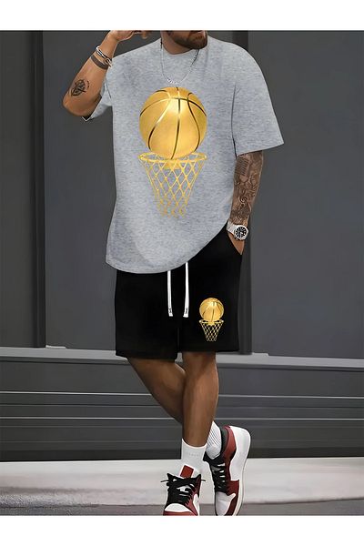 ACTIVE MODA - Men's Basketball Printed Short Sleeve Tshirt-Shorts 2-Piece Set Large Size Oversize Cotton