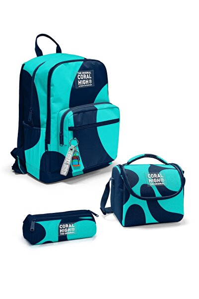 Coral High Navy Blue Turquoise Patterned 3-Piece School Bag Set Set0123686