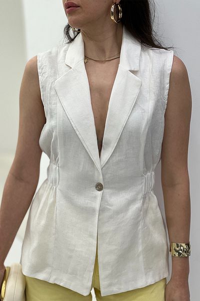 Act Pepicino Kids&Boutique White 100% Linen Single Button Vest 4089