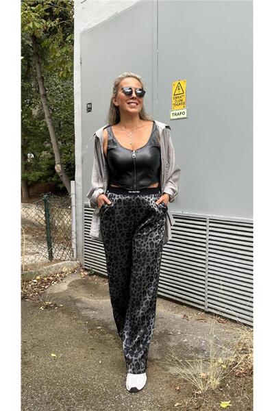 AYSL BUTİK Lastik Detaylı Leopar Pantolon