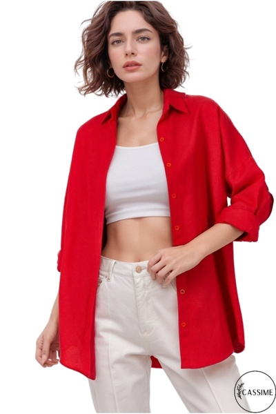 Cassime Kadın Kırmızı Oversize Uzun Basic Düşük Omuzlu Pamuk Karışımlı Gömlek...