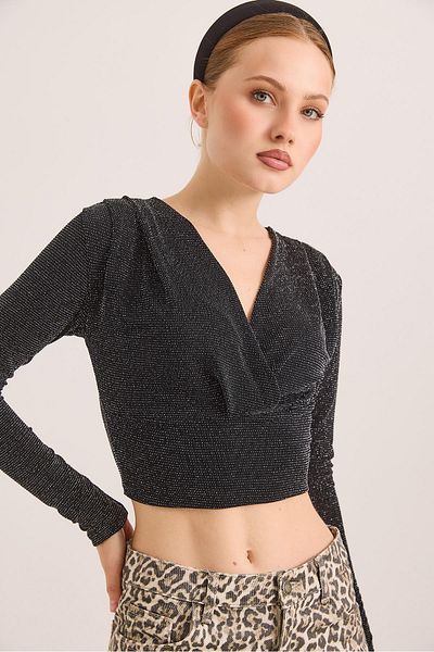 CALİENTE Διπλός γιακάς Glitter Crop Μπλούζα Μαύρη