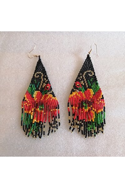 Butik Tülin Otantik el yapımı kum boncuk çok renkli çiçek desenli sallantılı küpe 12x4.5 cm Hint Malı