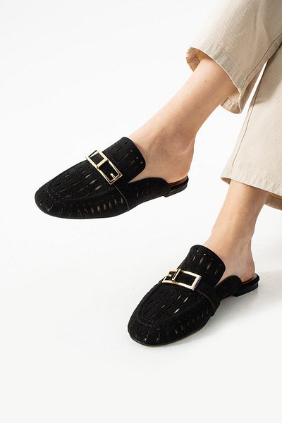 diclepolat Women's Suede Gold Buckle Detailed Flat Sole Daily and Comfortable Slippers Serez Black