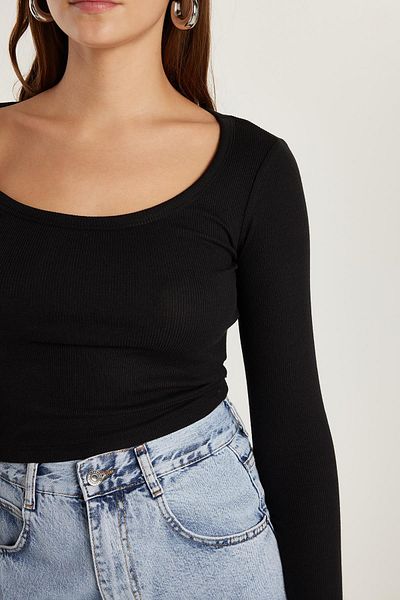 Tudors Γυναικεία Modal Fabric Slim Fit Slim Fit Μαύρη μπλούζα με μακρυμάνικο φαρδύ γιακά