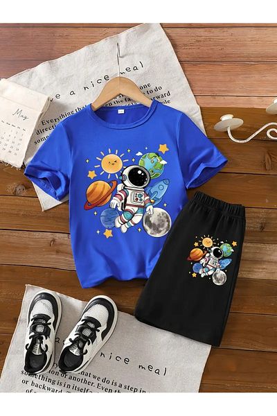 vinraus Set de tricou și pantaloni scurți din bumbac pieptănat cu imprimeu astronaut de călătorie pentru fată/băiat
